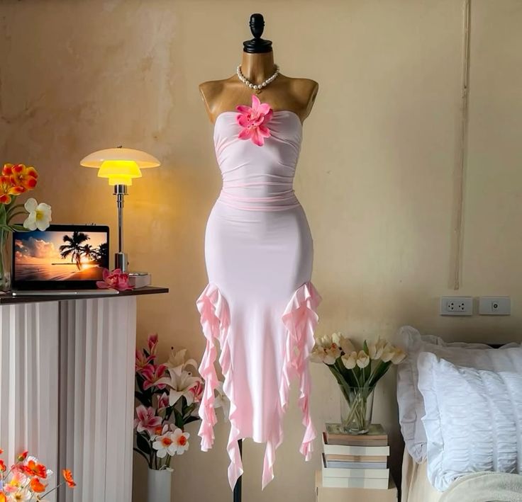 Robe de soirée longue en mousseline de soie à volants, coupe ajustée, style tube, motif floral, rose, nv3658