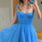 Blue Strap Sequined Midi tulle Prom Dress Evening Dress Homecoming Dress nv2696