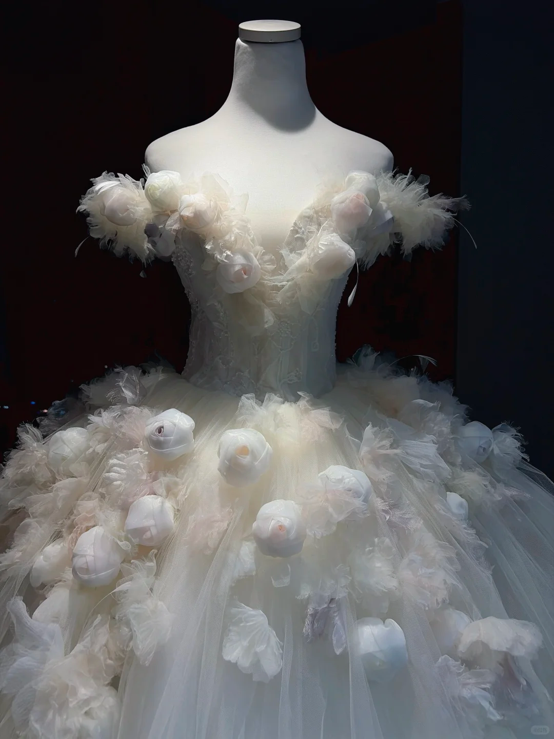 Ivory Off Shoulder Ball Gown 3D Floral Feather Beaded Tulle Wedding Dress  NV6965