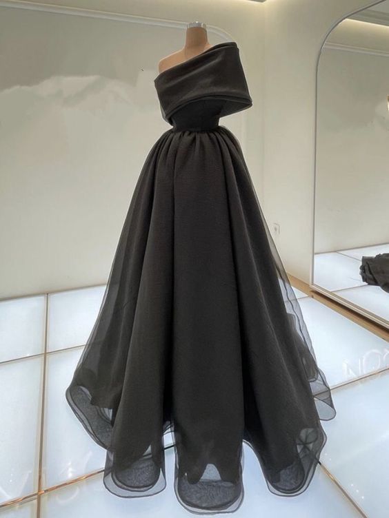 Robe de soirée noire rétro asymétrique en satin et tulle, longueur au sol, style trapèze, nv3606