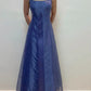 Blau zarte florale Perlen Glitzer Spaghettiträger elegante Mode lange Tüll Ballkleid Abendkleid Partykleid Ballkleid nv3797
