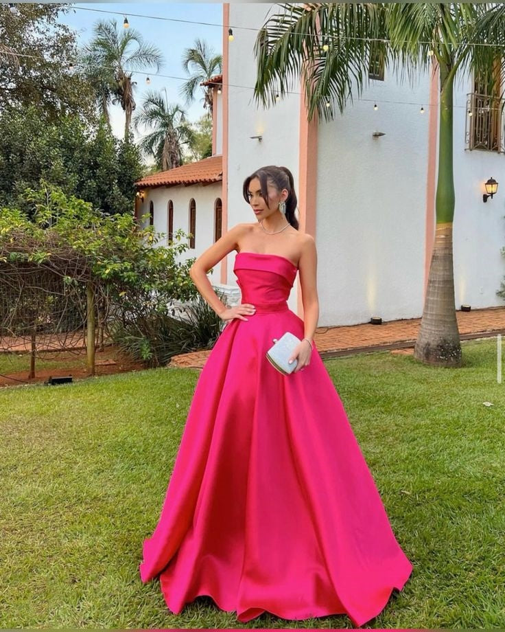 Pink Simple Elegant Strapless Long Satin Ball Gown Evening Dress Graduation Dress Birthday/Holiday Party Dress nv3083