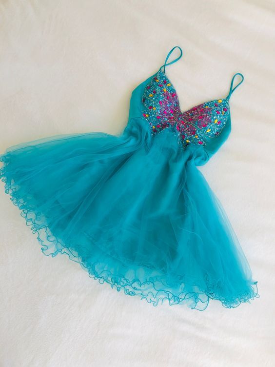 Robe de soirée courte en mousseline de soie, motif papillon, perles, bleu sarcelle, fantaisie, fée, robe de bal, robe de fête d'anniversaire, nv5191