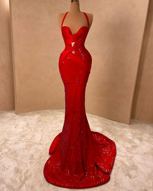 Red shiny hot strap long elegant sequin floor-length ball gown evening dress nv3304