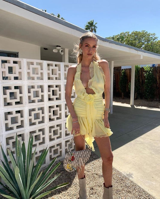 Robe de soirée courte en mousseline de soie jaune à la mode, robe de soirée, robe d'anniversaire, nv4678