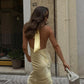 Yellow simple and elegant V-neck low-cut suspender dress long satin ball gown evening dress nv2674