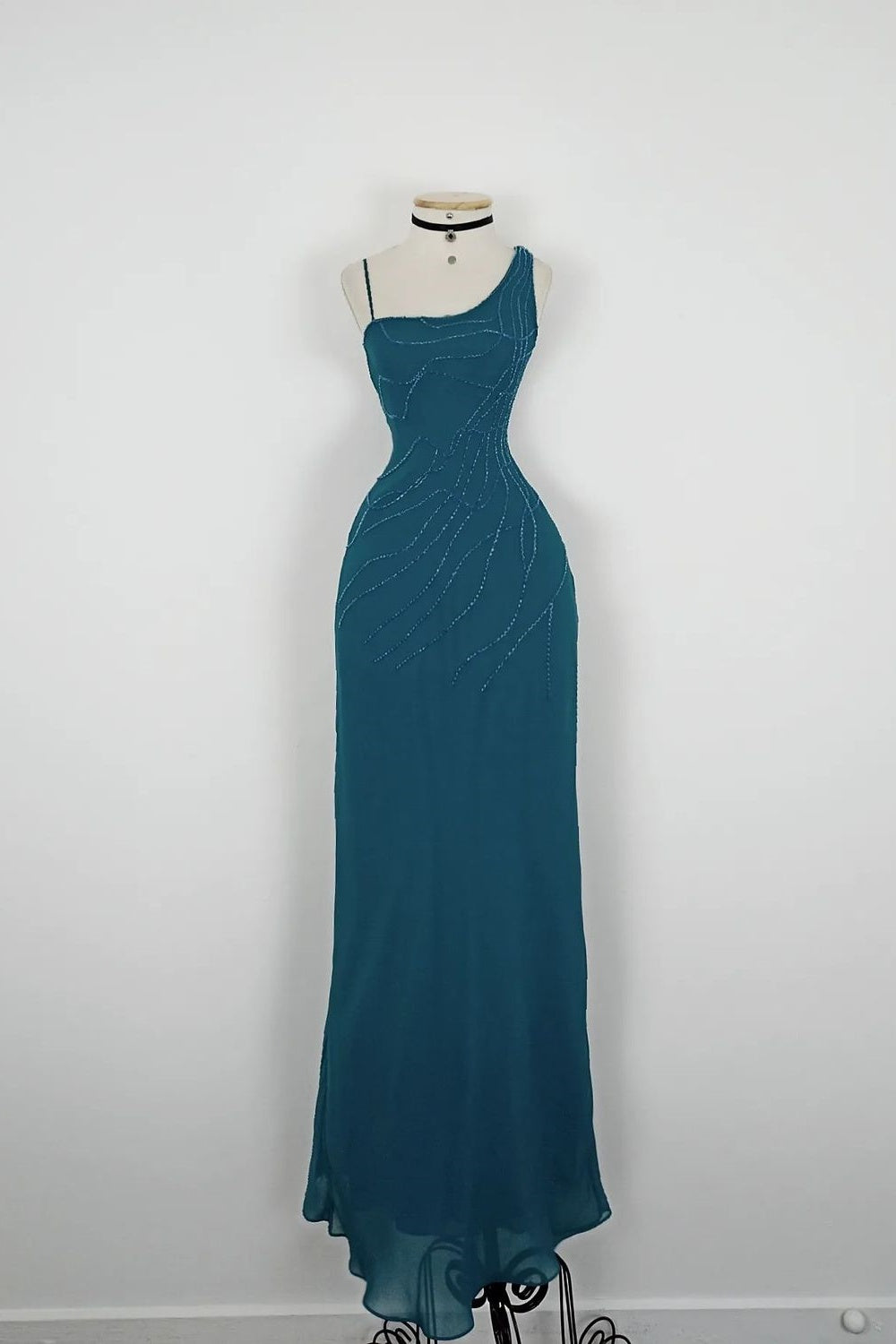 NiceVestidos-_Vintage Peacock Blue One-Shoulder Bead-Embroidered Long Evening Gown NV5931