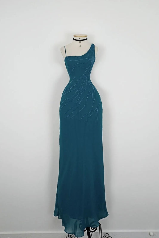 NiceVestidos-_Vintage Peacock Blue One-Shoulder Bead-Embroidered Long Evening Gown NV5931