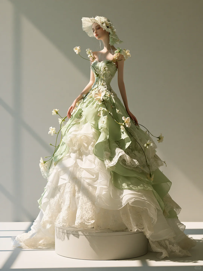 Strapless Green Lace Fairy Evening Gown, Cascading 3D Flowers, Ruffled Organza Ball Gown for Photoshoot  NV7465