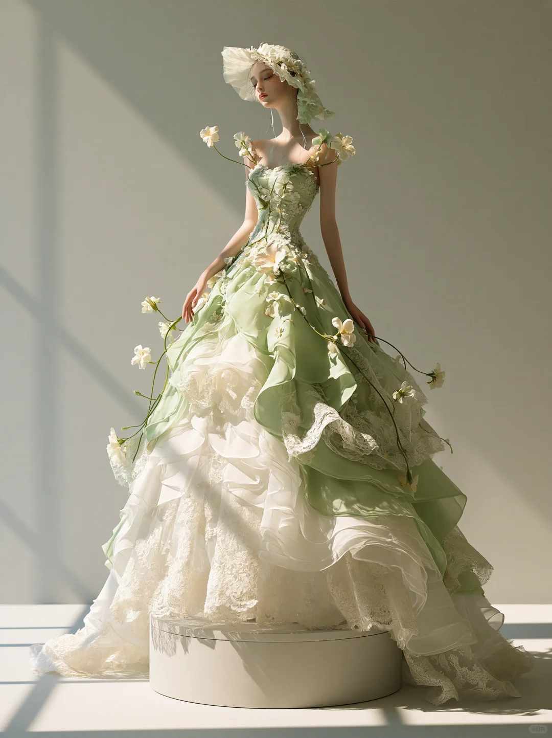 Strapless Green Lace Fairy Evening Gown, Cascading 3D Flowers, Ruffled Organza Ball Gown for Photoshoot  NV7465