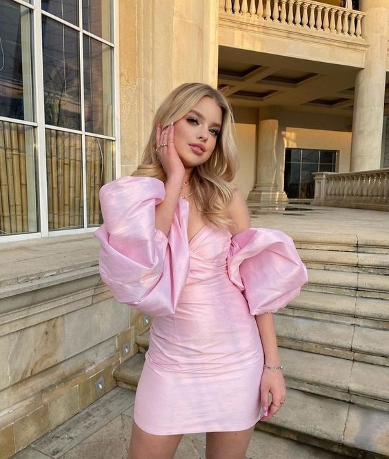 Rosa schulterfreies Homecoming-Kleid mit Laternenärmeln, Partykleid, Geburtstagskleid nv2219