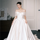 Off Shoulder Ivory Satin Wedding Gown, Tulle Sleeve Bow Corset Ballgown Bridal Dress  NV7391