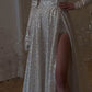 Silver Fashion Sequin Elegant Long Slit Sexy Ball Gown Evening Dress With Sleeves nv2662