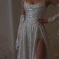 Silver Fashion Sequin Elegant Long Slit Sexy Ball Gown Evening Dress With Sleeves nv2662