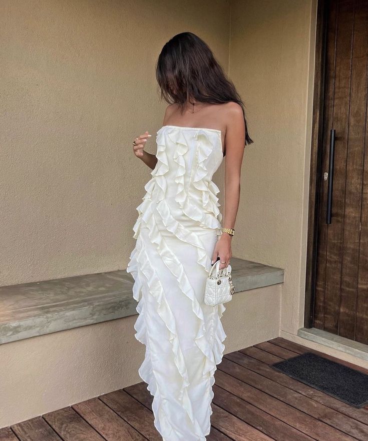 White fashion unique ruffled tube top elegant long Chiffon prom dress evening dress party dress nv3243