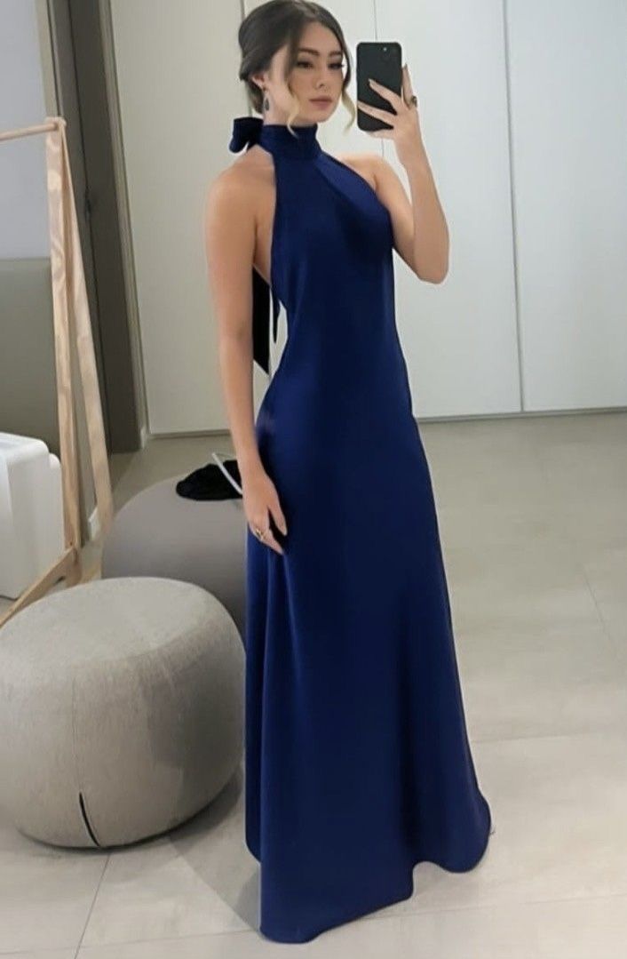 Navy Blue Simple Elegant Halter Neck Off Shoulder Slim Fashion Long Satin Ball Gown Evening Dress Party Dress nv2562