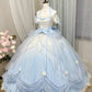 Pink/blue/Purple Sweet Bow Decoration Long Tulle Short Sleeve Ball Gown Evening Dress nv2983