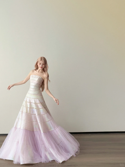 Pink Ombre Strapless Tiered Sequin Tulle Ball Gown Prom Dress  NV7138