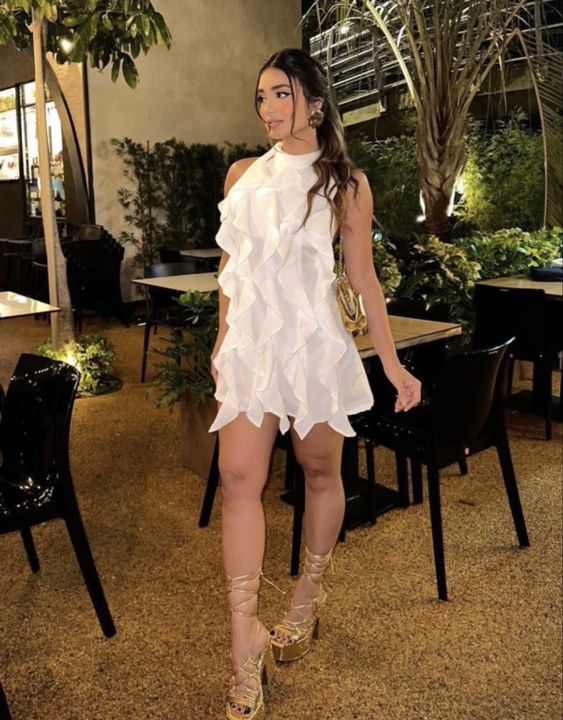 Robe de soirée courte en mousseline de soie, simple et élégante, à volants, blanche, nv2388