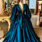 Peacock Blue Retro Elegant V-neck Low-cut Long Sleeve Long Prom Dress Evening Dress nv2946