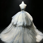 Strapless Dusty Blue Princess Ball Gown Beaded Rhinestone Tiered Bubble Tulle Gold Butterfly Prom Dress  NV6977
