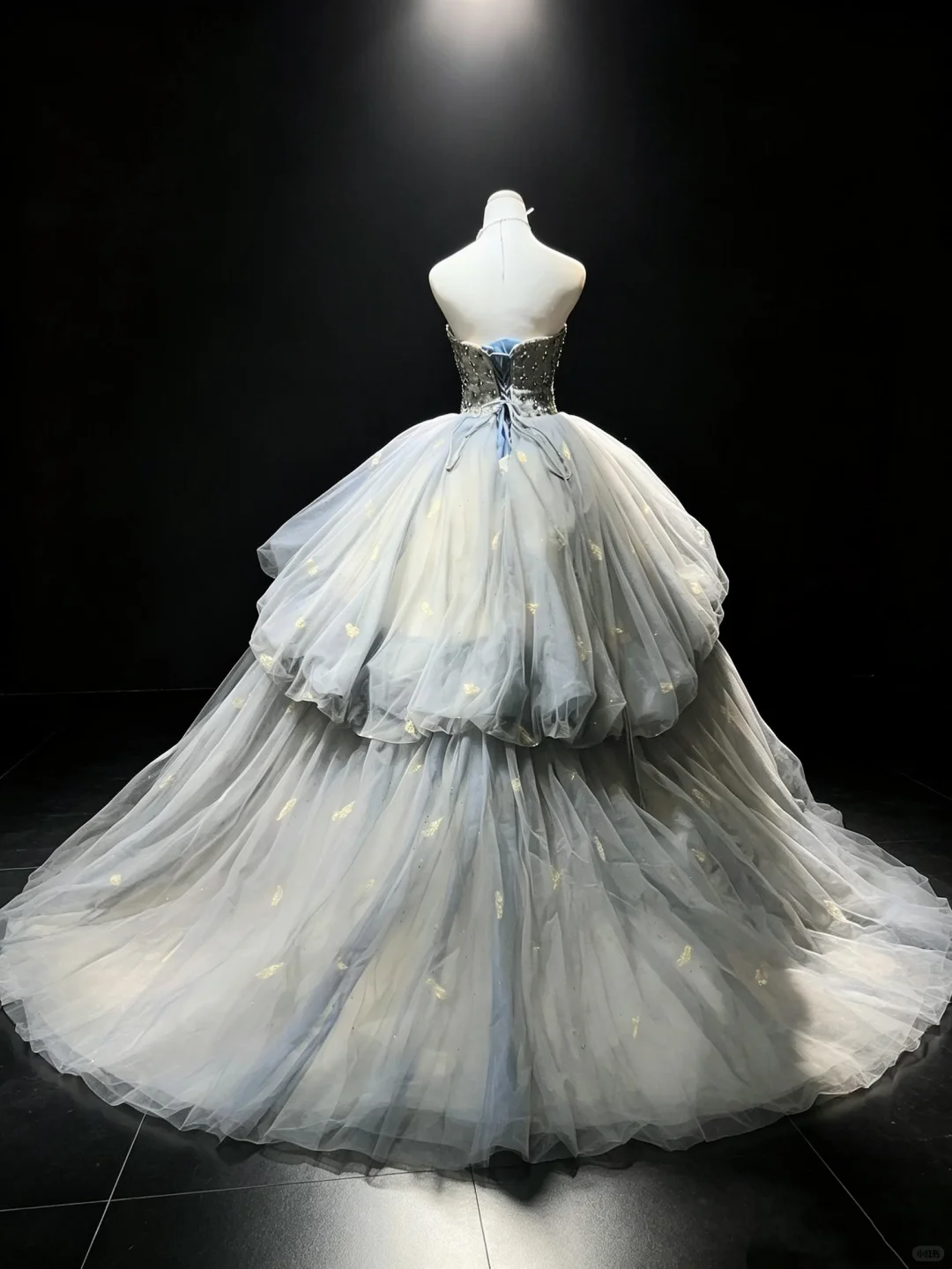 Strapless Dusty Blue Princess Ball Gown Beaded Rhinestone Tiered Bubble Tulle Gold Butterfly Prom Dress  NV6977