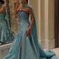 Blaues wunderschönes elegantes sexy Tube-Top mit Schleife und Strasssteinen, langer Schlitz, Ballkleid, Abendkleid, Partykleid, NV2405