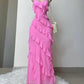 Pink Fashion Unique Spaghetti Strap Long Chiffon Ruffle Floor Length Ball Gown Evening Dress nv3334