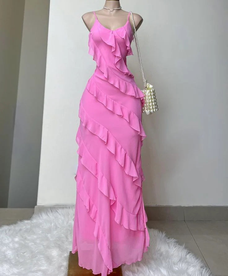 Pink Fashion Unique Spaghetti Strap Long Chiffon Ruffle Floor Length Ball Gown Evening Dress nv3334