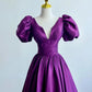 Purple Satin A-line Short Sleeve Long Evening Gown Ball Gown nv2940