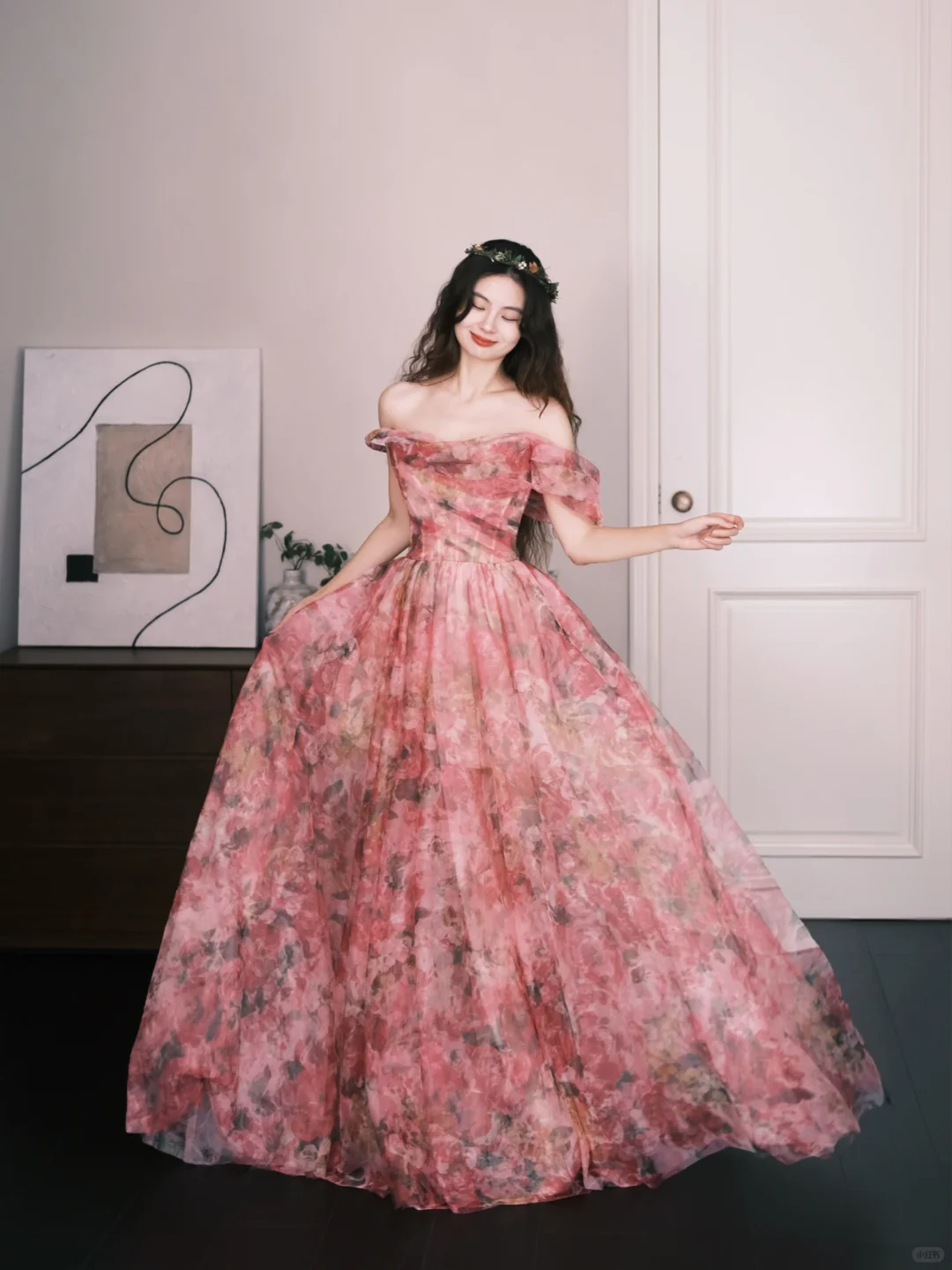 Off Shoulder Pink Watercolor Floral Tulle Prom Dress, Romantic A-Line Evening Gown  NV7332