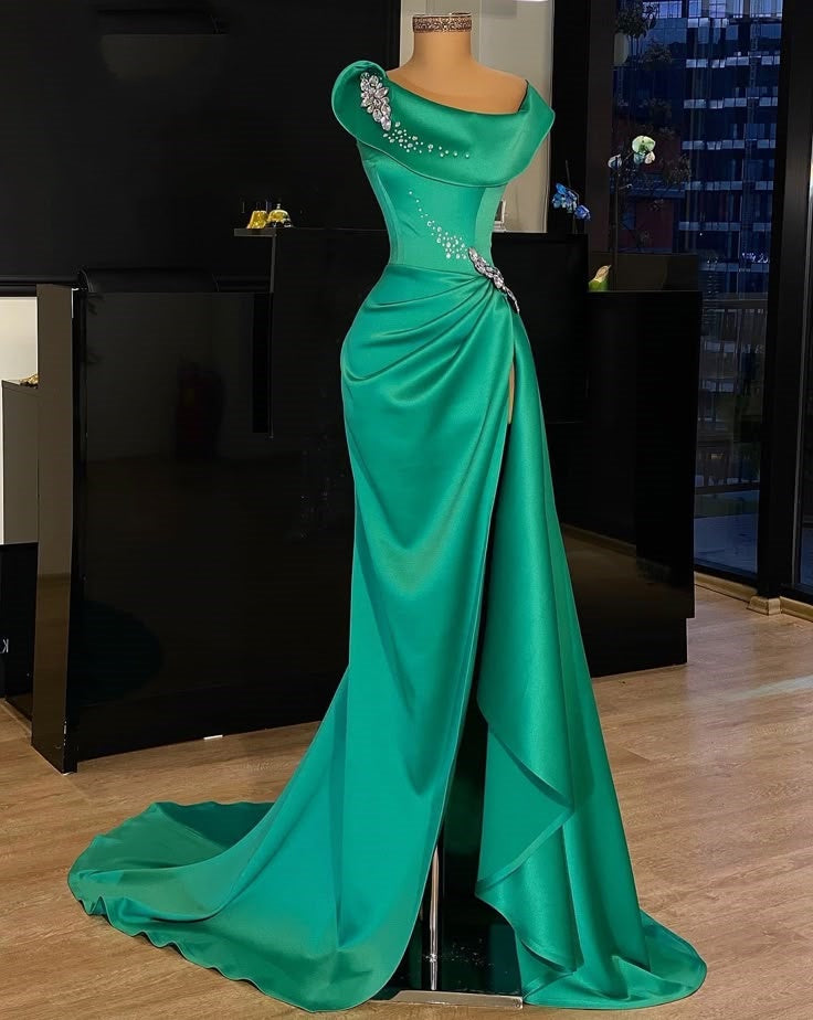 Robe de soirée longue en satin vert, élégante et élégante, style Baoshi, perlée, longueur au sol, fente latérale, sexy, robe de bal, robe de fête d'anniversaire, robe de bal nv3947