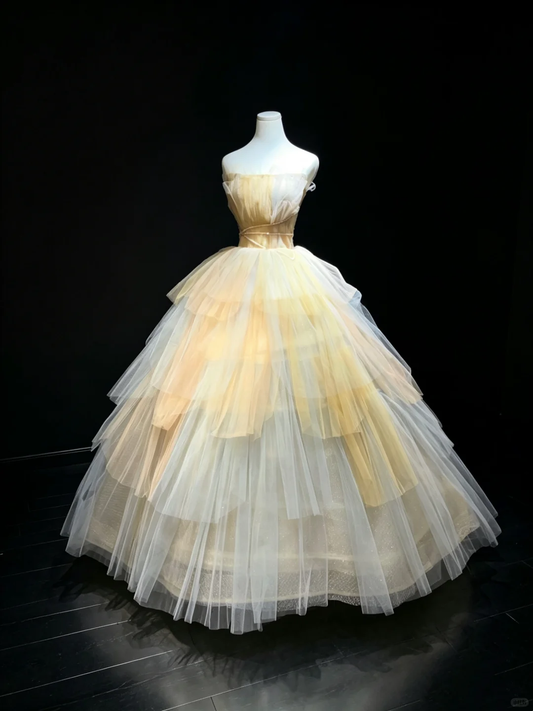 Strapless Cream Yellow Ombre Tulle Prom Dress Ruched Bodice Tiered Cake Princess Ball Gown  NV6991