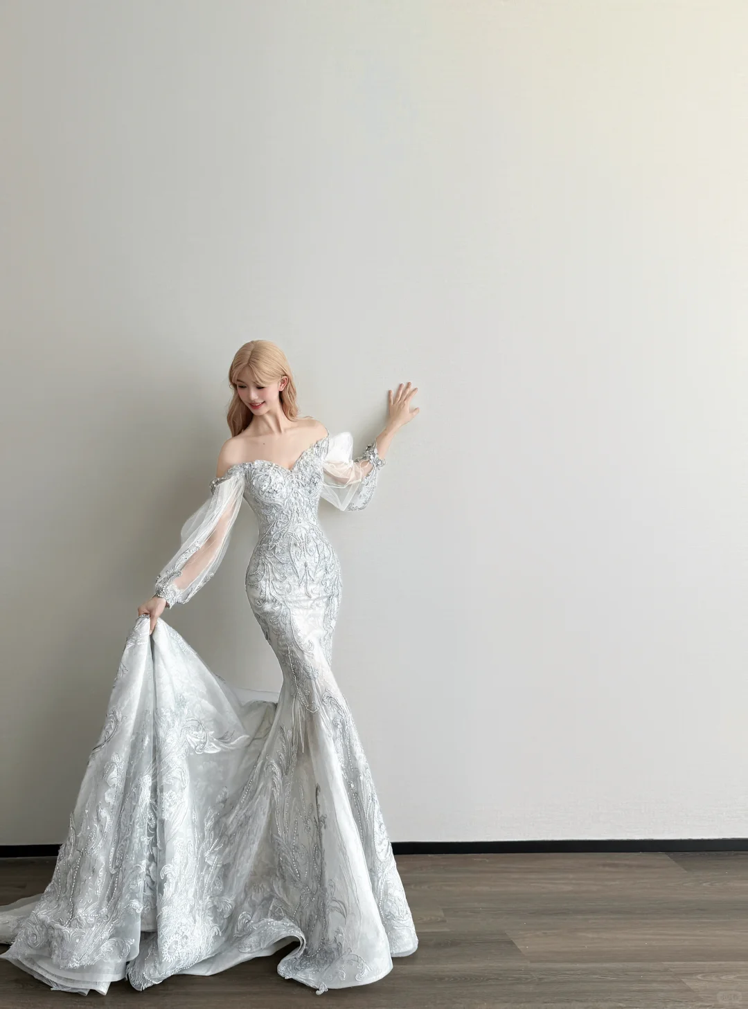 Silver Grey Off Shoulder Prom Gown Detachable Sheer Puff Sleeve Beaded Lace Mermaid Long Train Evening Dress  NV7160