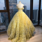 Pale Yellow Off Shoulder Floral Ball Gown, 3D Petal Appliques Tulle Long Formal Evening Prom Dress for Women  NV7036