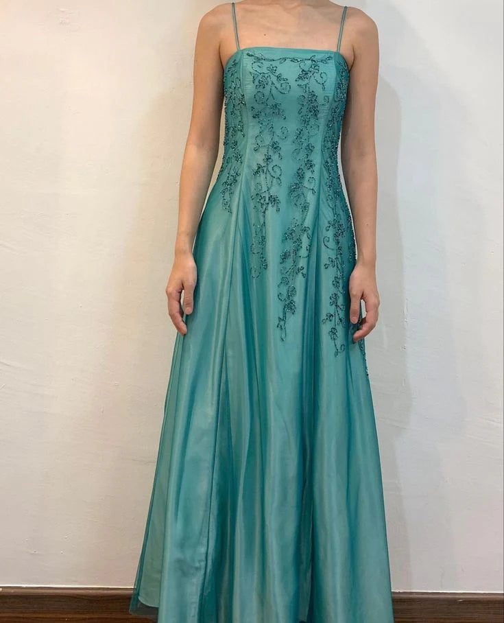 Robe de soirée longue et élégante en satin et tulle, tenue de soirée élégante et charmante, verte, à perles exquises, nv3975