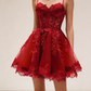 Robe courte en tulle à fines bretelles et application de dentelle rouge, idéale pour la rentrée scolaire ou une fête d'anniversaire (Nv4932)