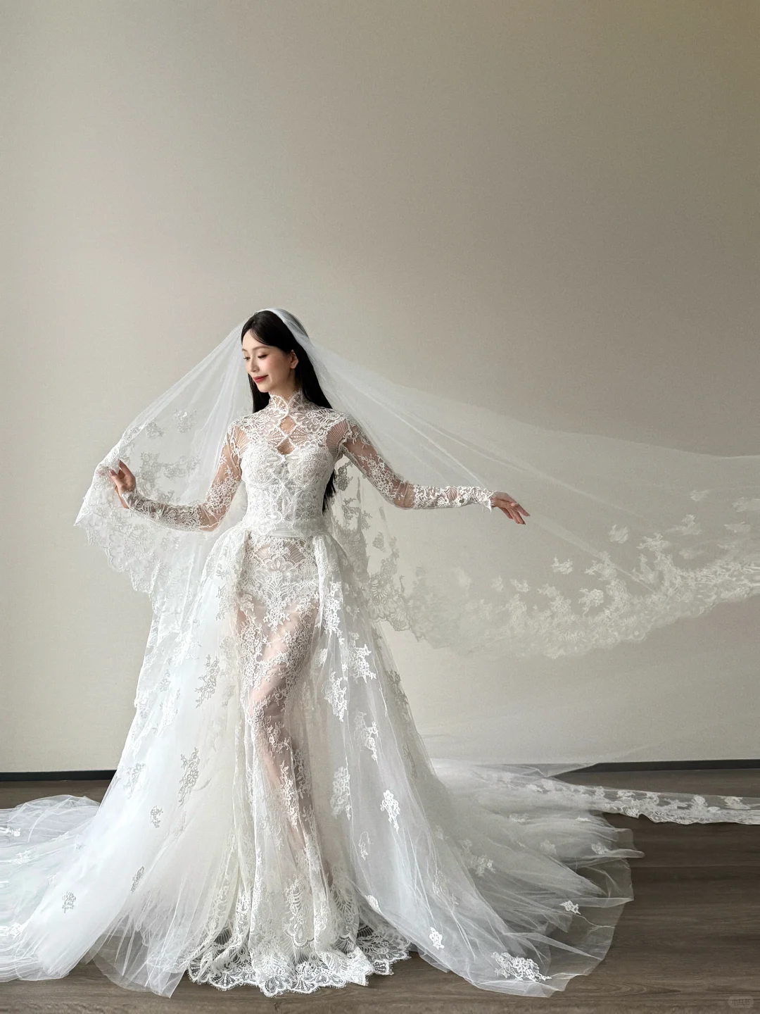 High Neck Long Sleeve Lace Mermaid Wedding Dress Detachable Overskirt Bridal Gown  NV7127