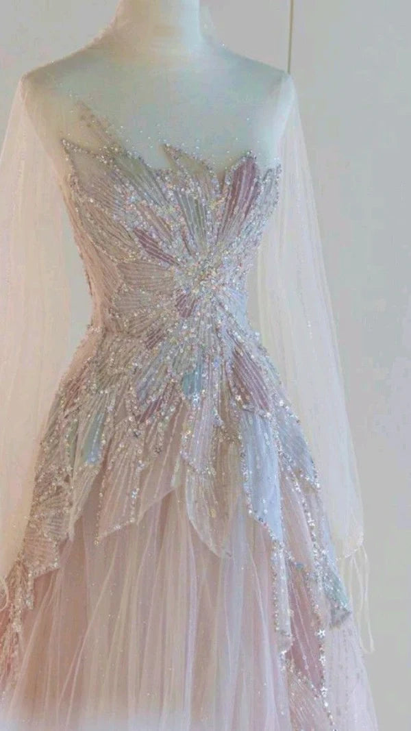 Robe de soirée longue en tulle rose scintillante, épaules dénudées, perlée et élégante, nv3475