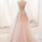 Robe de soirée longue en tulle rose scintillante, épaules dénudées, perlée et élégante, nv3475