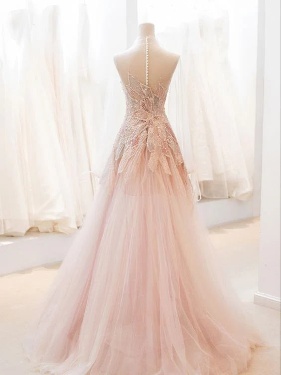 Robe de soirée longue en tulle rose scintillante, épaules dénudées, perlée et élégante, nv3475