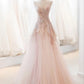 Robe de soirée longue en tulle rose scintillante, épaules dénudées, perlée et élégante, nv3475