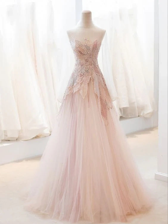 Robe de soirée longue en tulle rose scintillante, épaules dénudées, perlée et élégante, nv3475