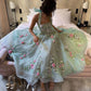 Green backless floral long chiffon ball gown evening dress nv2894