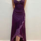 Robe de soirée violette simple à bretelles spaghetti et ourlet à volants nv1921