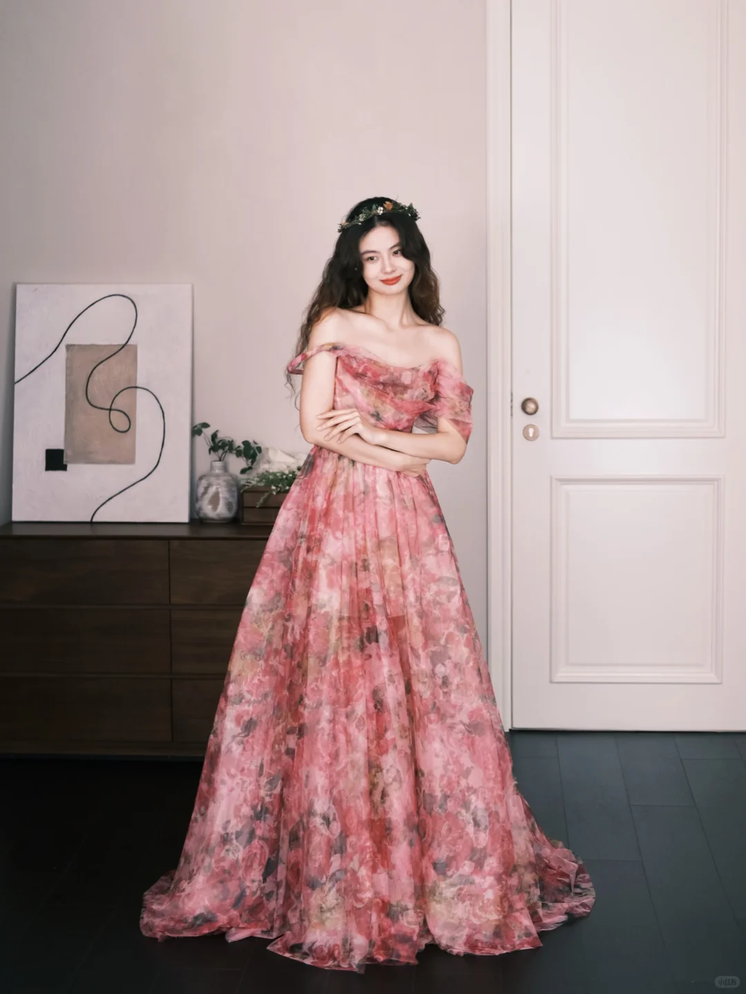 Off Shoulder Pink Watercolor Floral Tulle Prom Dress, Romantic A-Line Evening Gown  NV7332