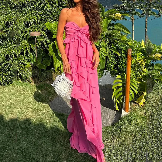 Pink Fashion Strapless Off-shoulder Waist Irregular Ruffle Long Elegant Ball Gown Evening Gown Party Dress nv3333