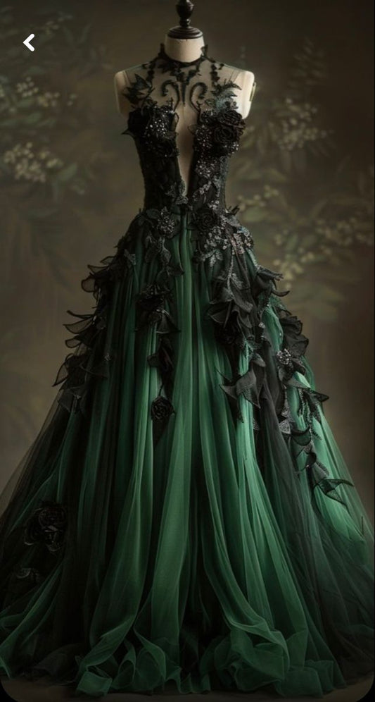 Green gorgeous exquisite black lace beaded long elegant ball gown evening dress nv3344