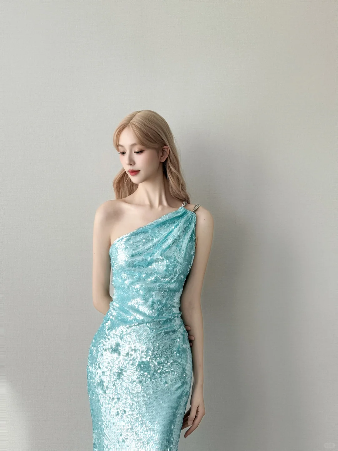 Light Lake Blue One Shoulder Prom Gown Full Sequin Ruched Mermaid Long Evening Dress  NV7155