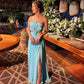 Blue suspender waist floral shape long slit evening dress party dress wedding guest dress nv2984